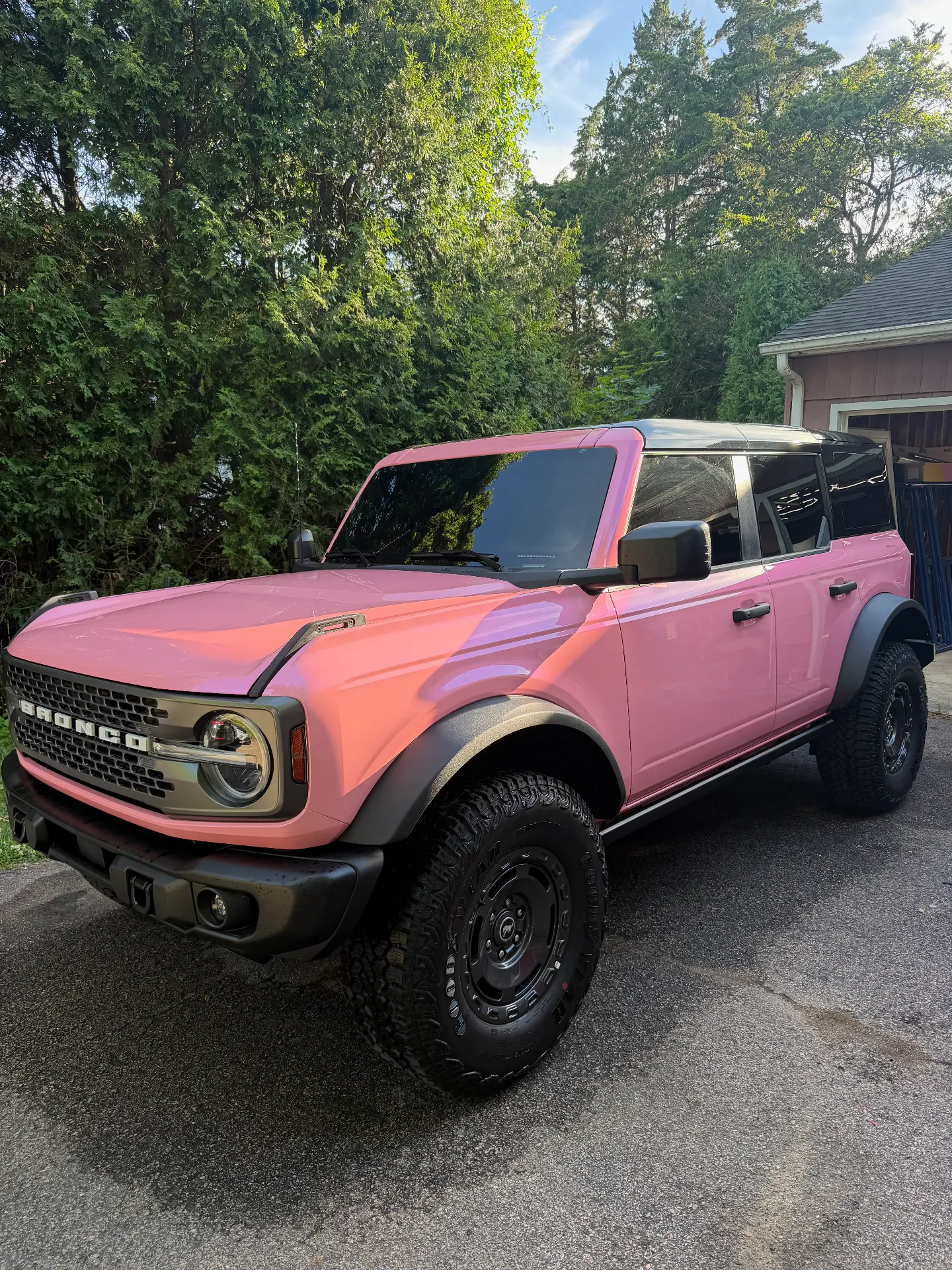 Ford Bronco wrapped in gloss pink vinyl by Vinyl Vision Co.